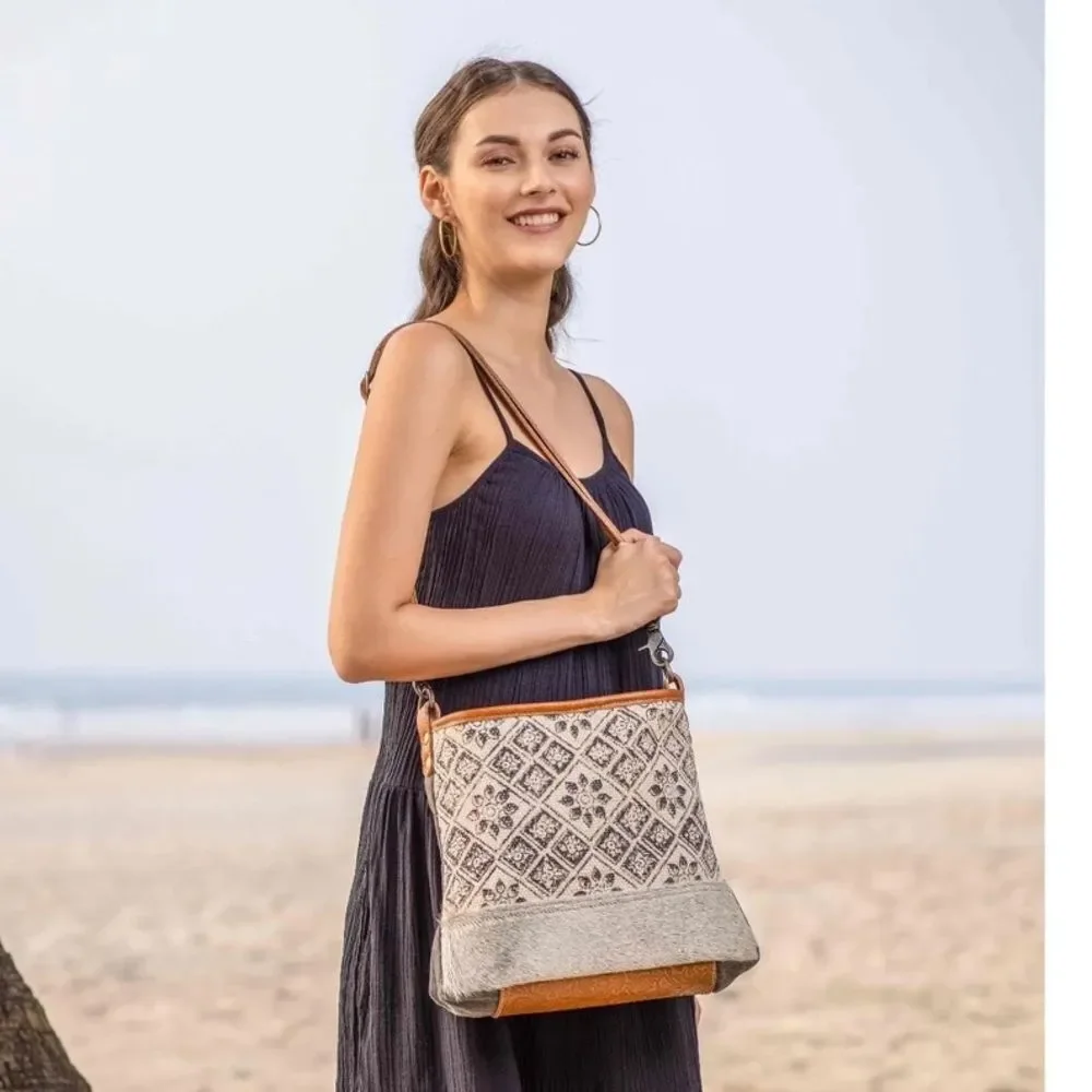 Myra Tessellated Rug Calf Hair Leather Canvas Shoulder Tote Adjustable Strap Bag
